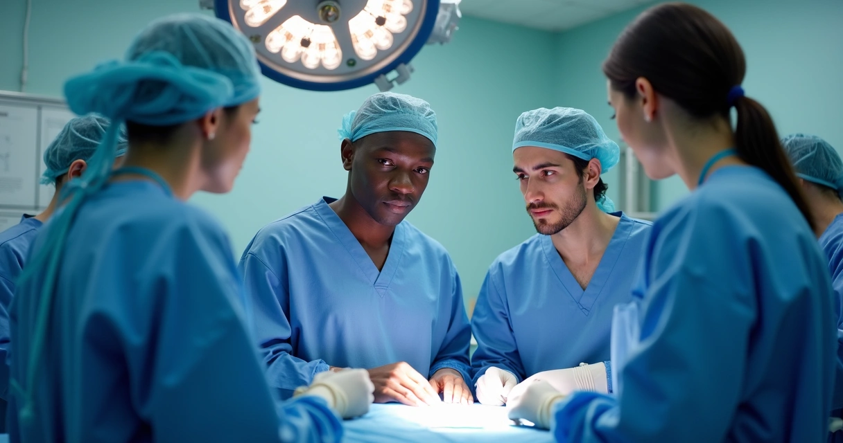 Equipo médico colaborando en una sala de cirugía 