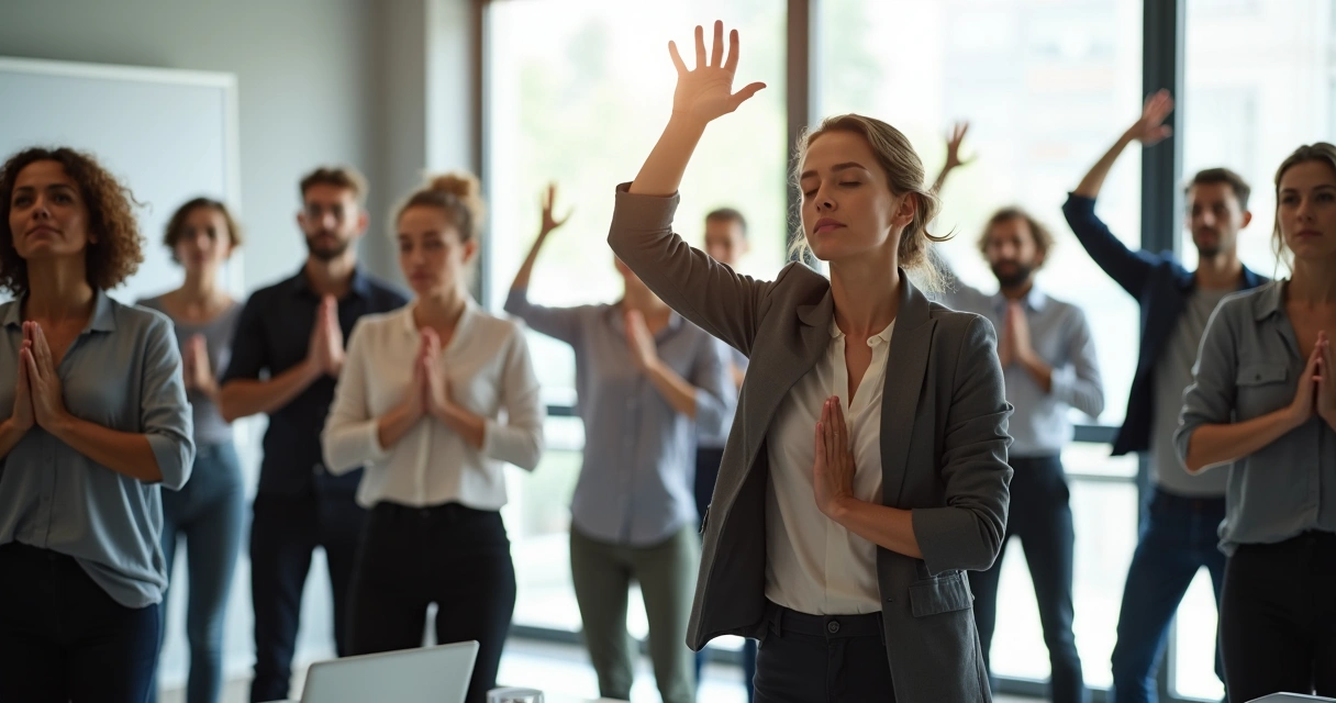 Grupo de oficina haciendo meditación activa juntos
