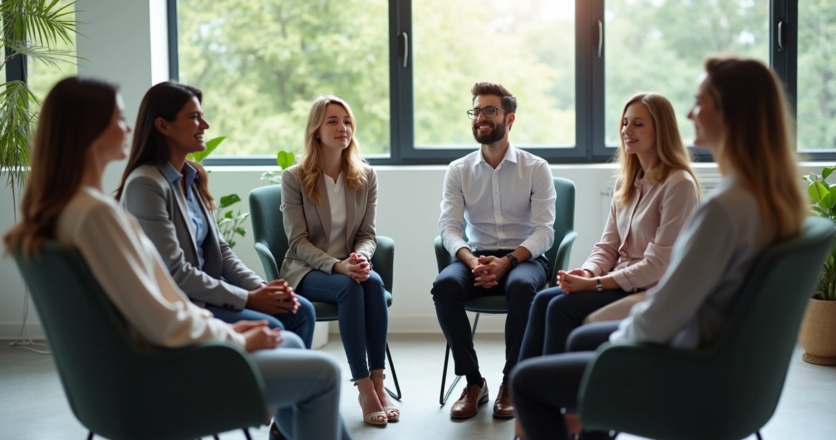 Personas sentadas en círculo en la oficina, ojos cerrados y manos sobre las piernas 