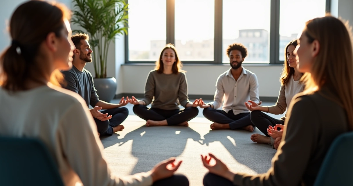 Grupo de trabajo en círculo practicando meditación en una sala de reuniones moderna 
