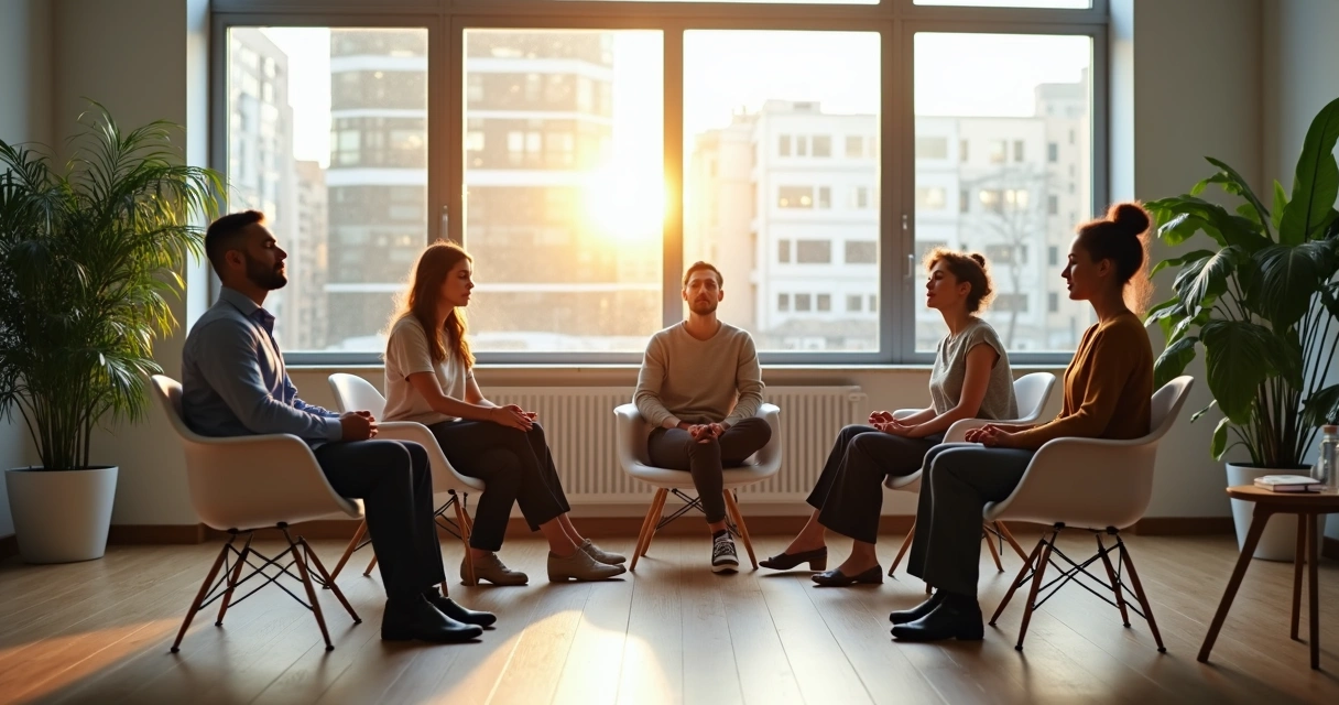 Equipo en círculo meditando en una sala de oficina