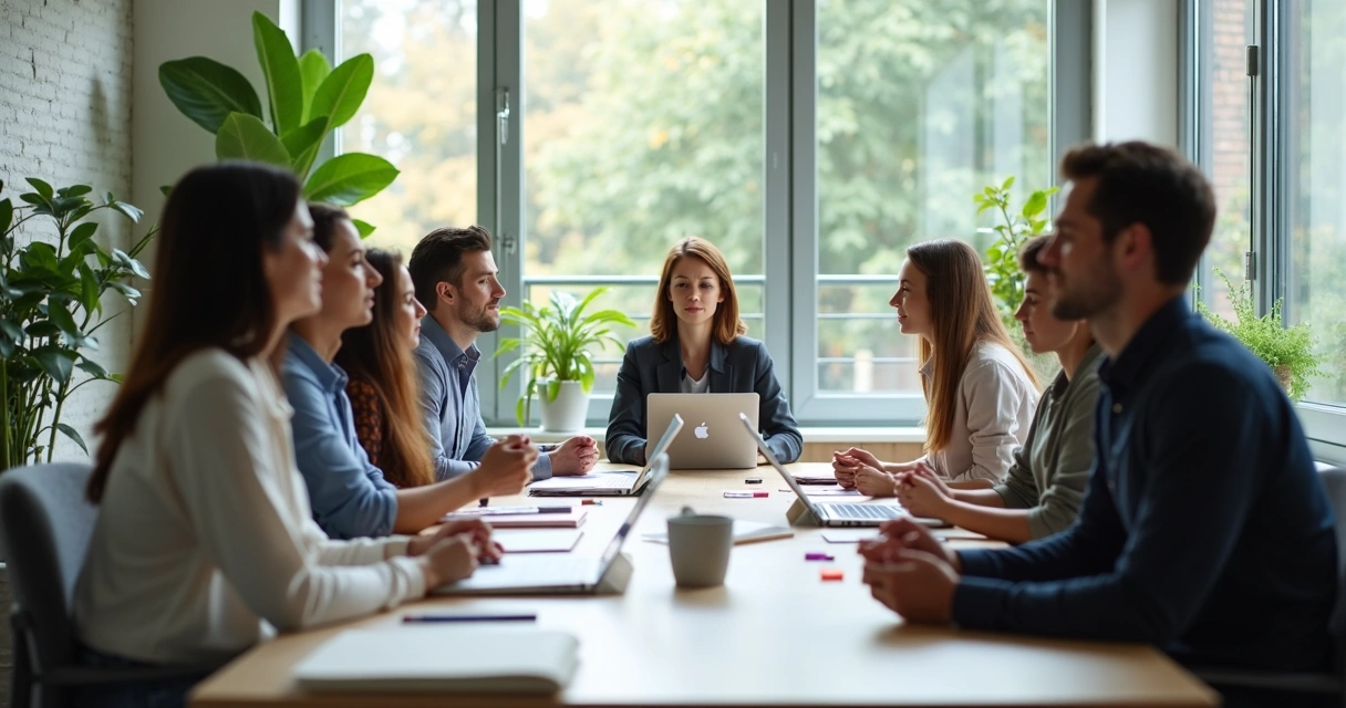 Equipo en oficina haciendo una pausa breve de meditación antes de una reunión 