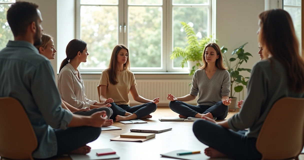 Equipo sentado en círculo meditando en una sala de trabajo luminosa