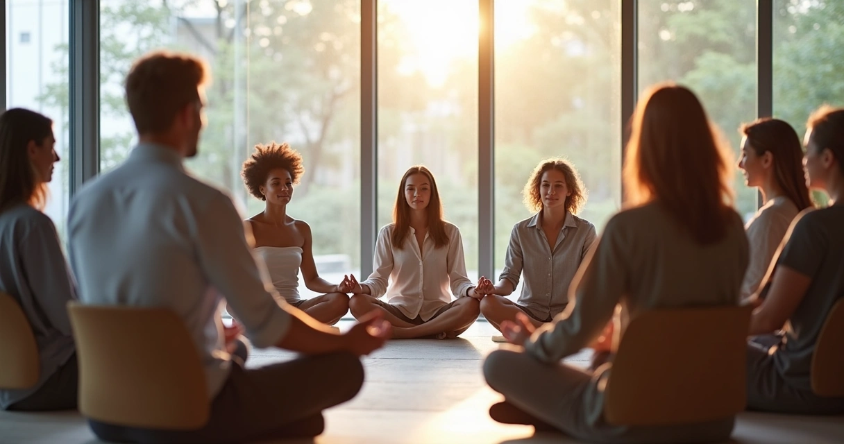 Grupo de personas en círculo meditando en sala de reuniones
