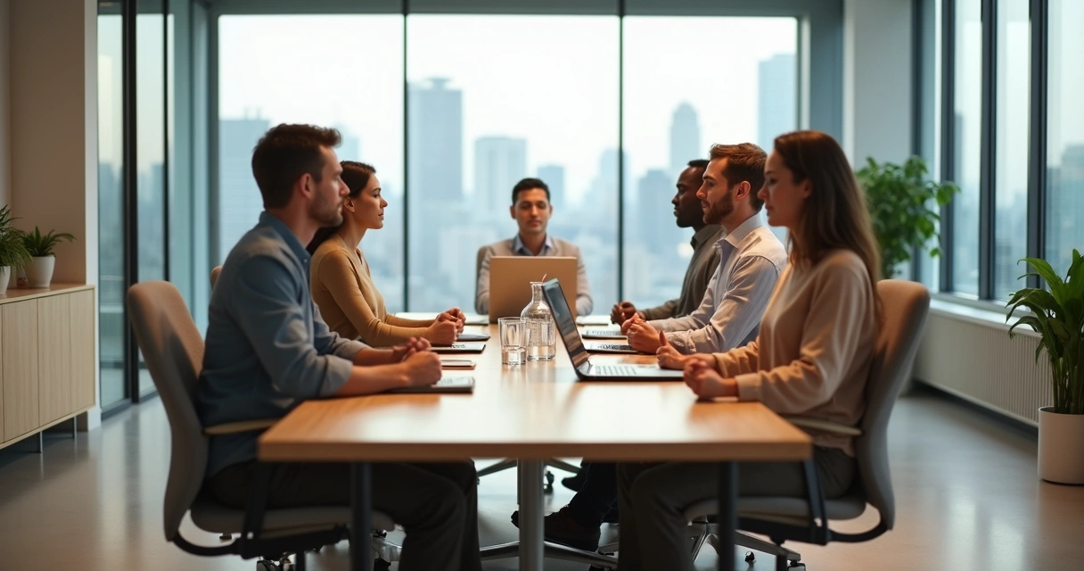 Equipo de trabajo meditando sentado en sala de reuniones moderna 