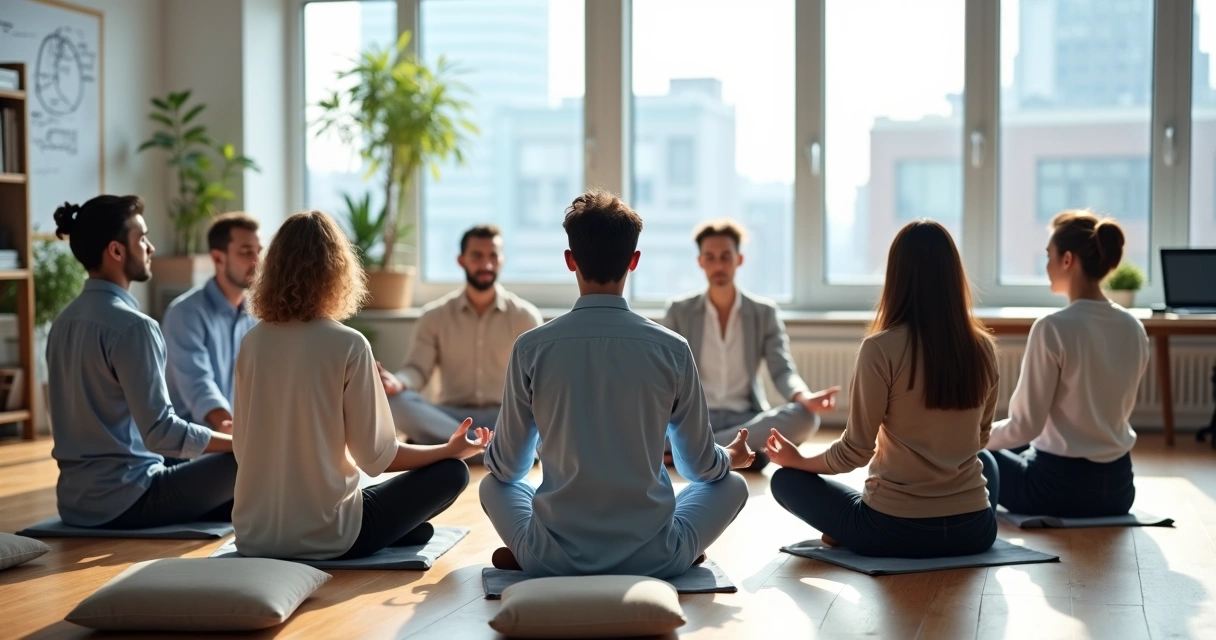 Equipo diverso meditando en círculo en una oficina moderna y luminosa 