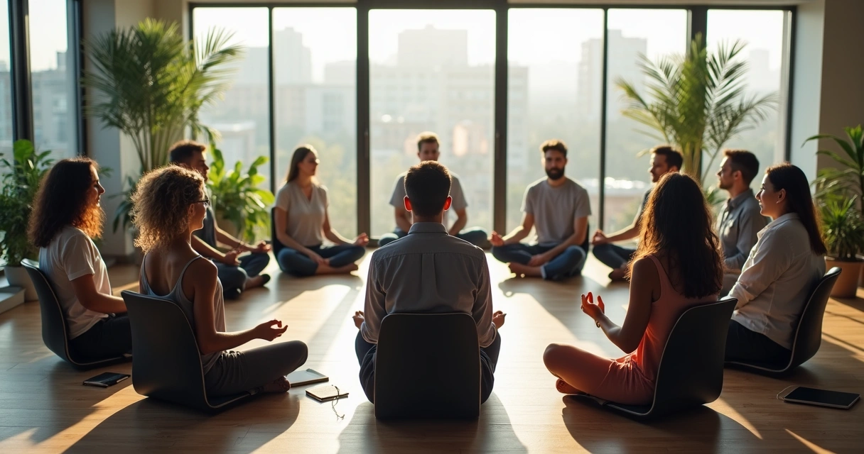 Personas sentadas en círculo meditando en una sala de reuniones moderna. 