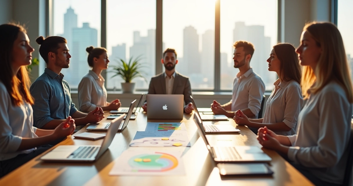 Equipo de trabajo meditando junto a mesa en oficina moderna luminosa 