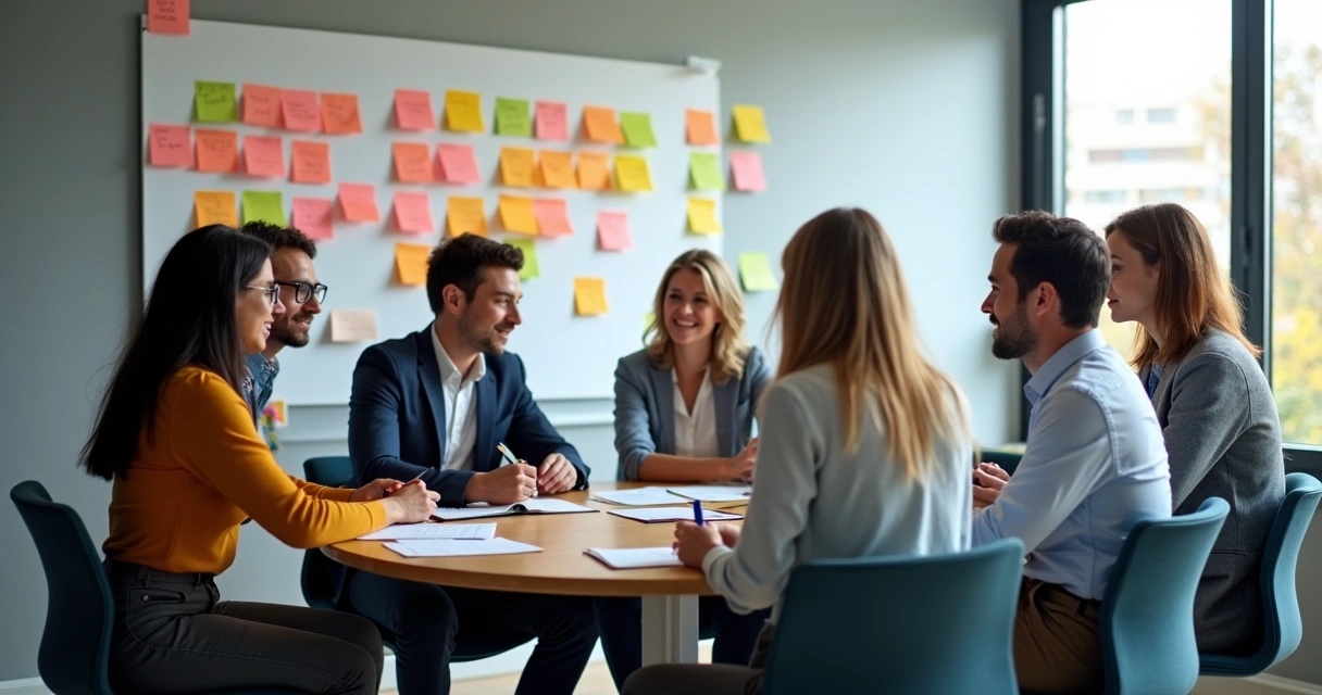 Miembros de un equipo reunidos, conversando y mirando un tablero con notas de colores 