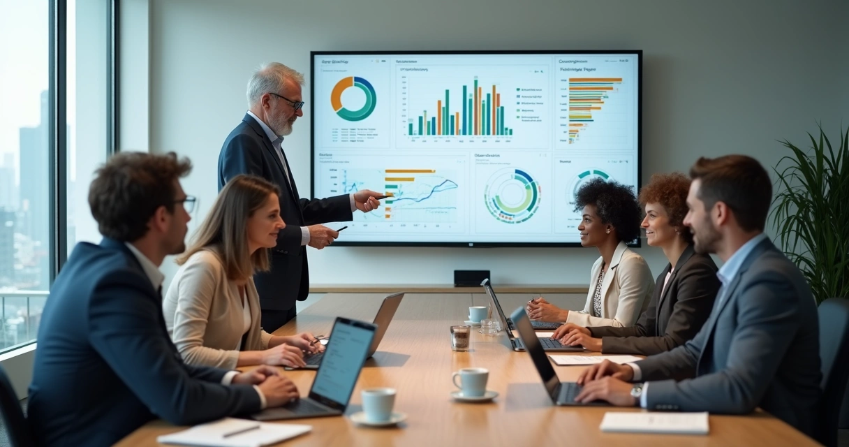 Equipo de trabajo analizando gráficos de bienestar en una sala de reuniones moderna 