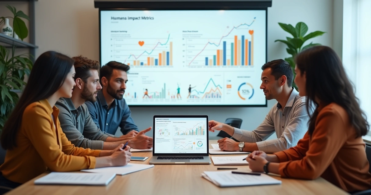 Equipo directivo analizando indicadores de impacto humano en una empresa moderna 