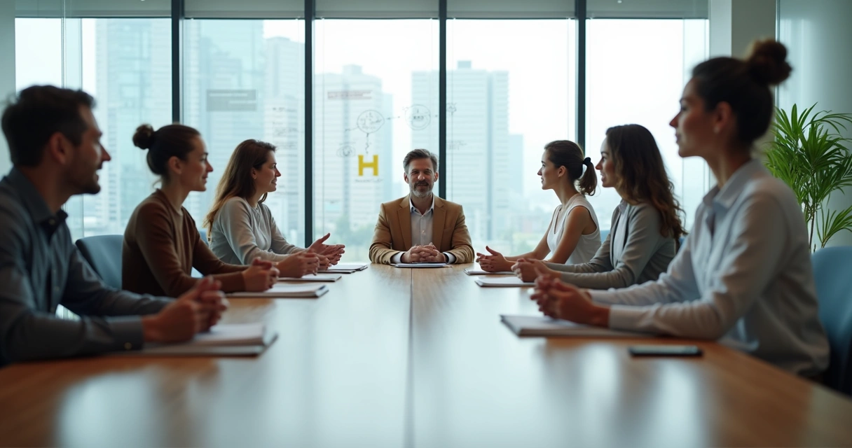Equipo diverso practicando mindfulness sistémico en una sala de reuniones moderna 