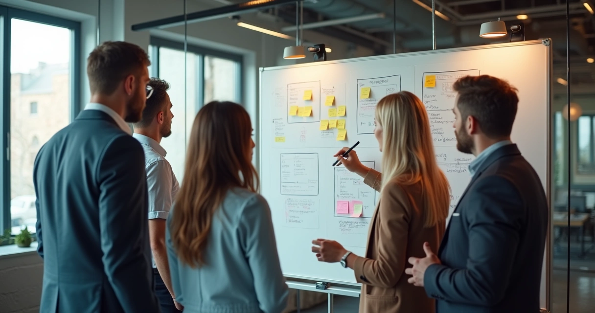 Personas en una sala de trabajo moderna mirando una pizarra, analizando conceptos con expresión atenta y ambiente colaborativo