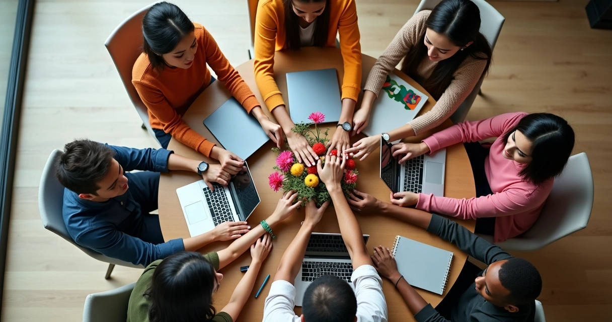 Personas diversas uniendo brazos en señal de unión