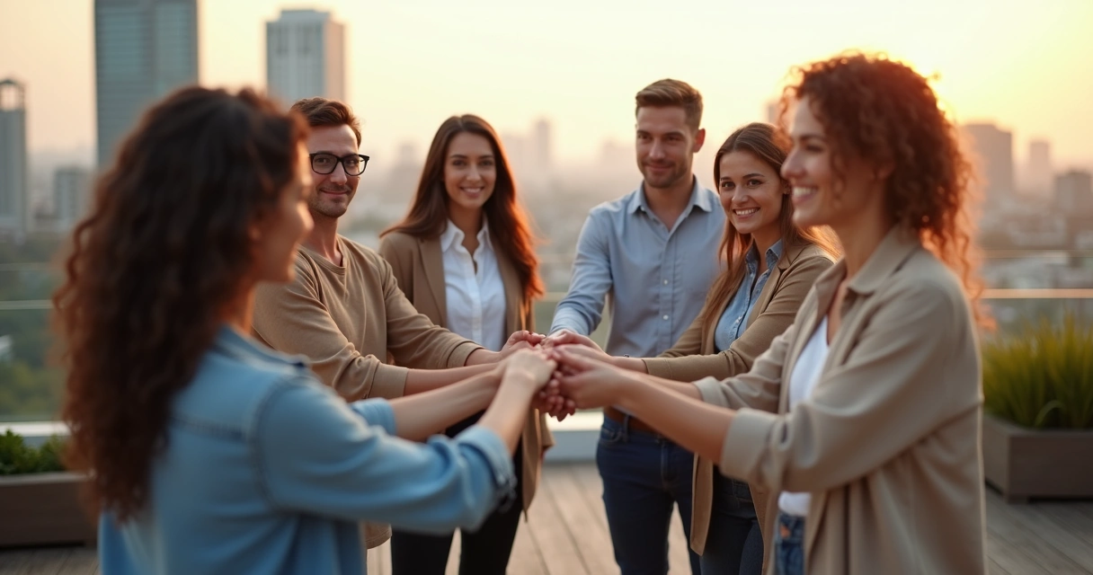 Equipo multicultural de pie uniendo manos en círculo de colaboración 