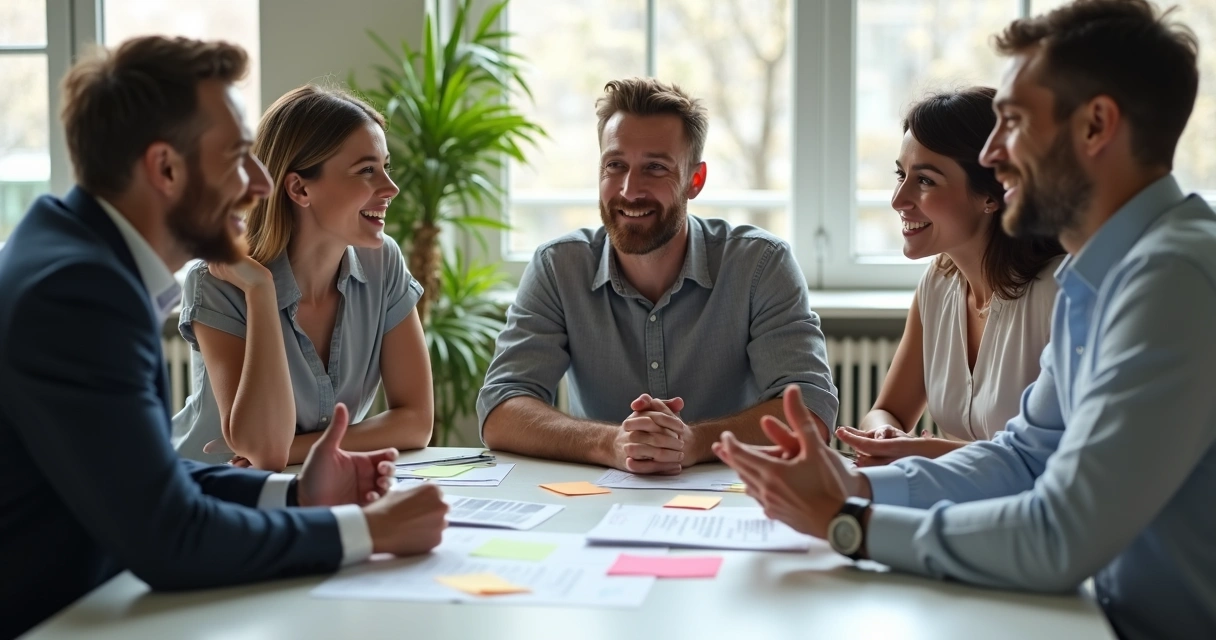 Personas colaborando en una mesa de trabajo moderna 