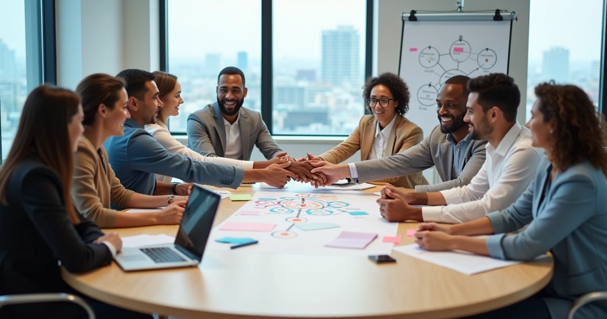 Equipo multicultural en círculo uniendo manos sobre mesa de trabajo 