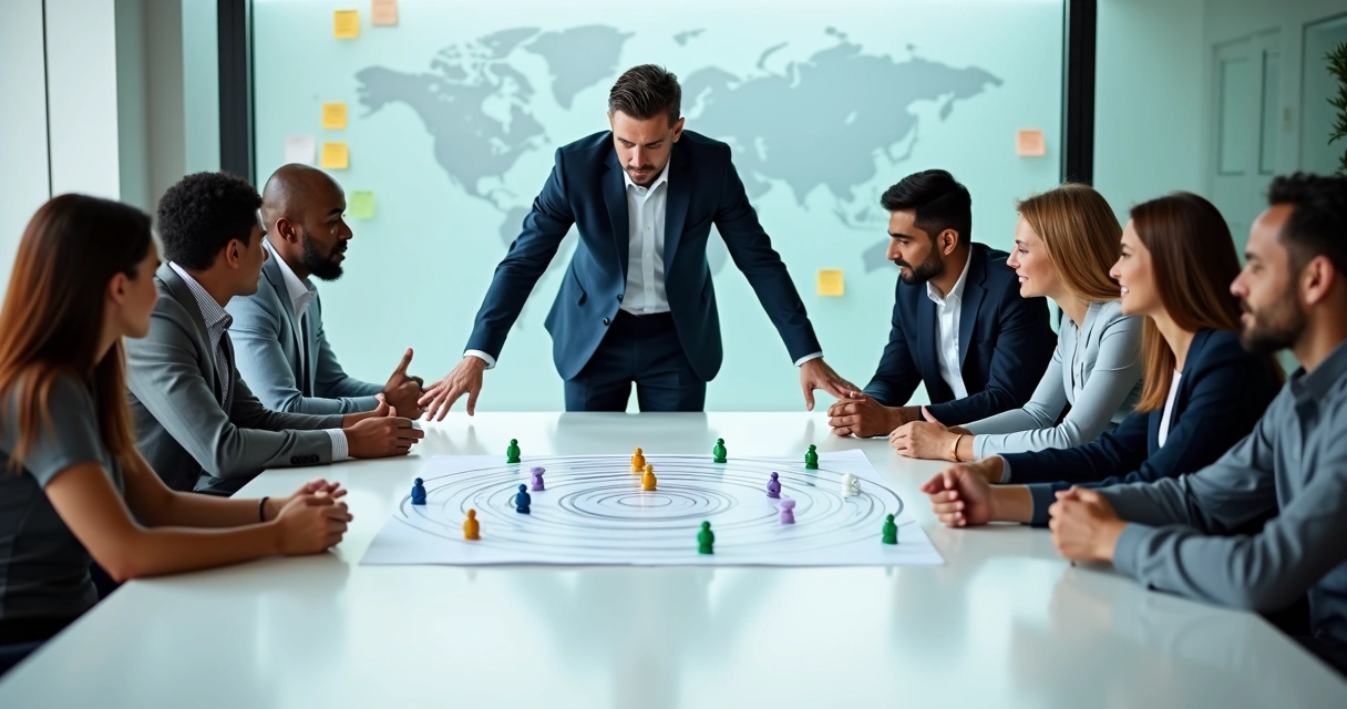 Reunión de equipo multicultural alrededor de una mesa con esquema sistémico en el centro 