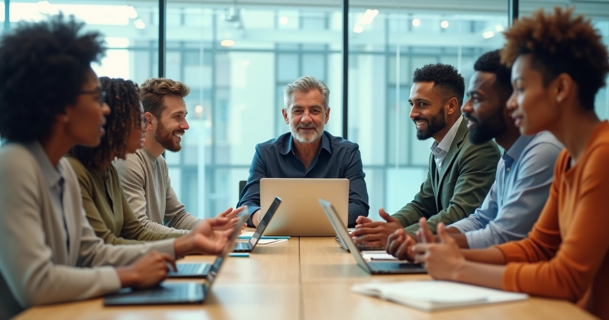 Equipo multicultural en reunión con líneas de colores cruzadas entre expresiones faciales 