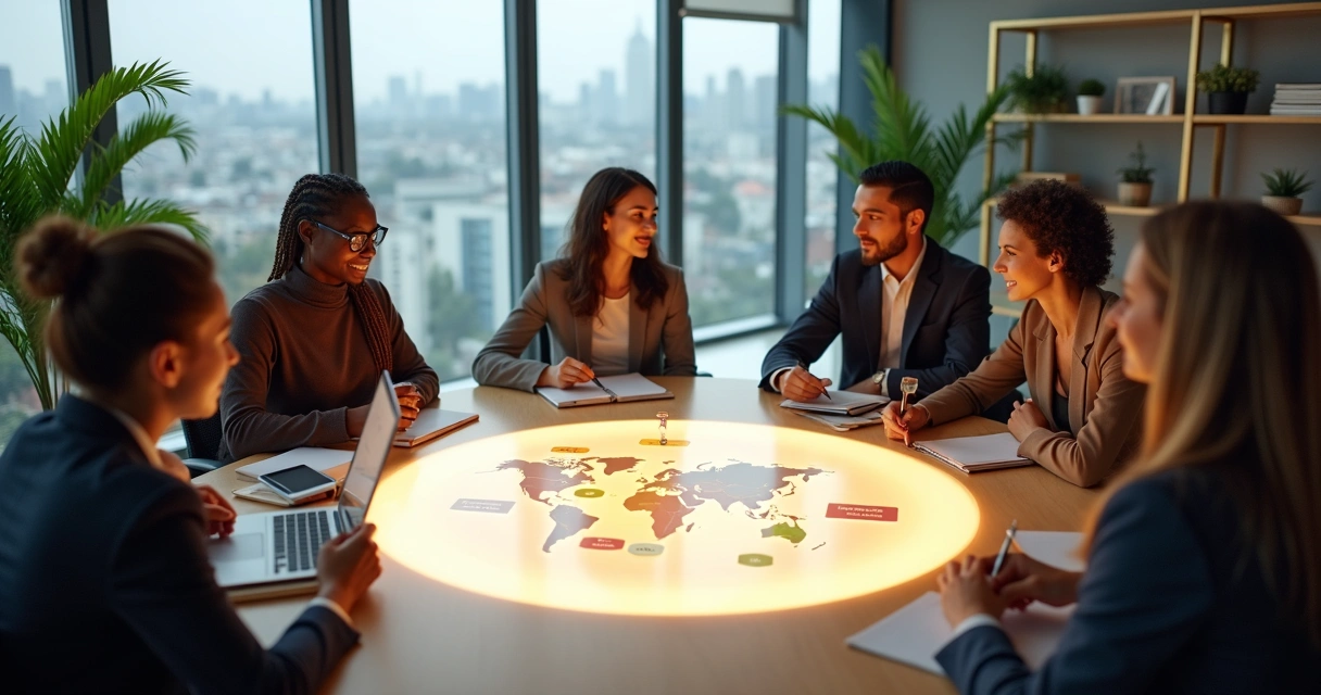 Equipo multicultural sentado alrededor de una mesa redonda delimitada por un aro de luz 