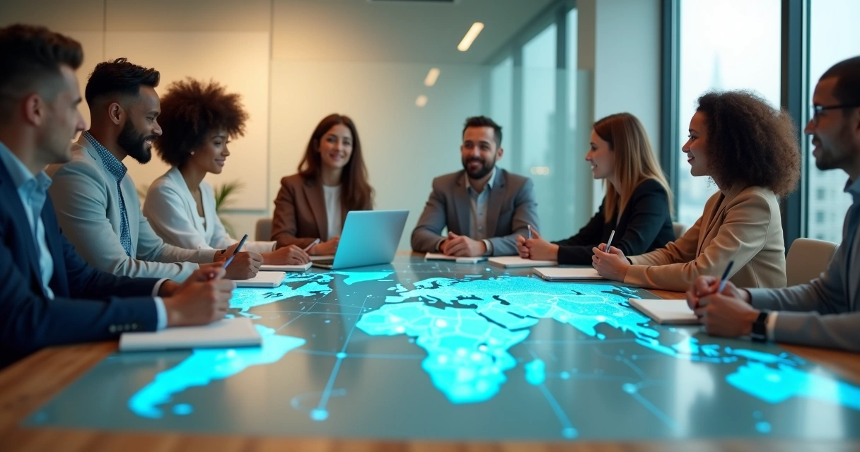 Equipo multicultural colaborando alrededor de una mesa con un mapa del mundo 