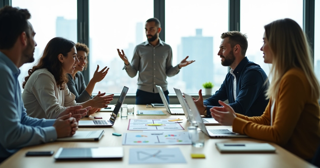 Equipo multicultural en mesa de reunión gestionando un conflicto de forma colaborativa 