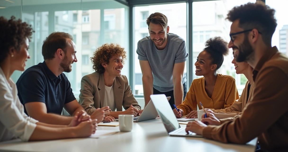 Personas de diferentes culturas colaborando en una reunión de oficina 