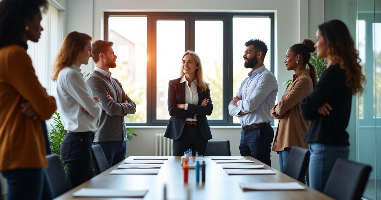 Trabajadores de diferentes procedencias reunidos en círculo para una dinámica de equipo 