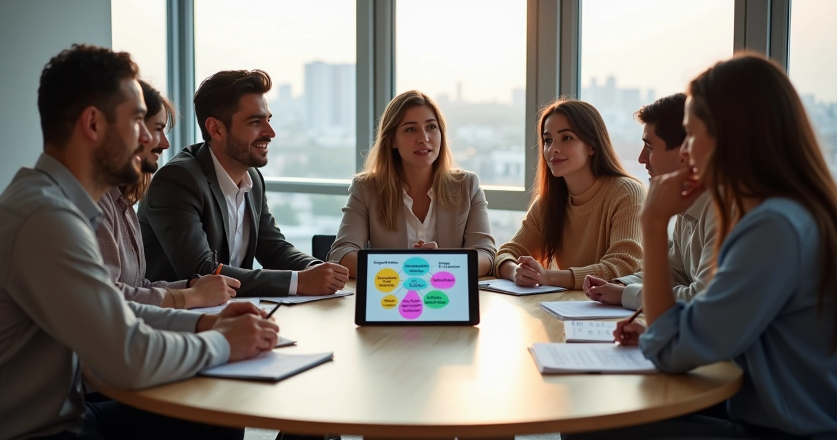 Equipo multicultural en reunión colaborativa alrededor de una mesa redonda 