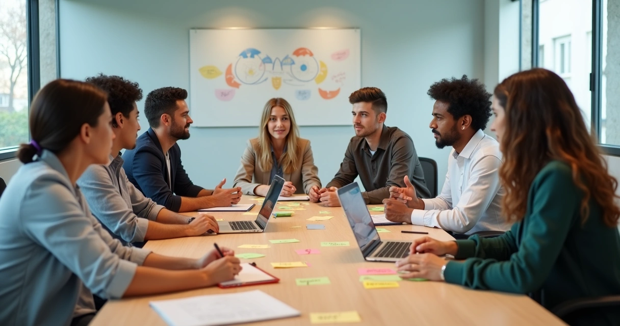 Equipo multidisciplinario sentado en círculo dialogando sobre valores con tarjetas en una mesa 