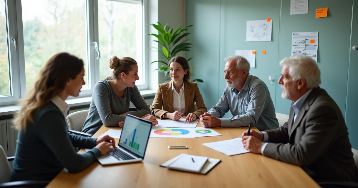 Reunión de equipo multigeneracional trabajando en colaboración alrededor de una mesa 