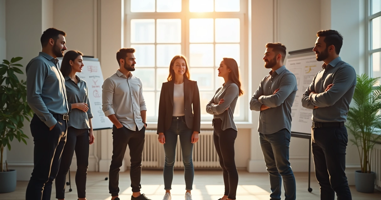 Integrantes de un equipo en círculo mostrando interacción y diferentes posturas 