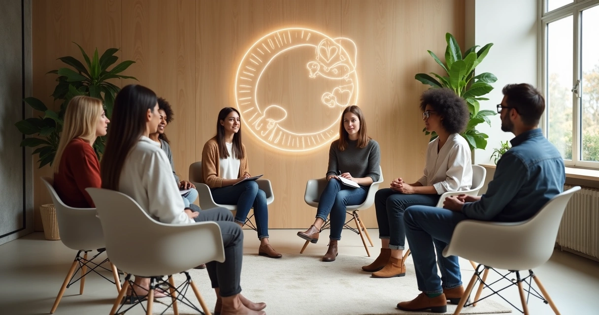 Equipo nuevo en círculo de diálogo en una sala luminosa 