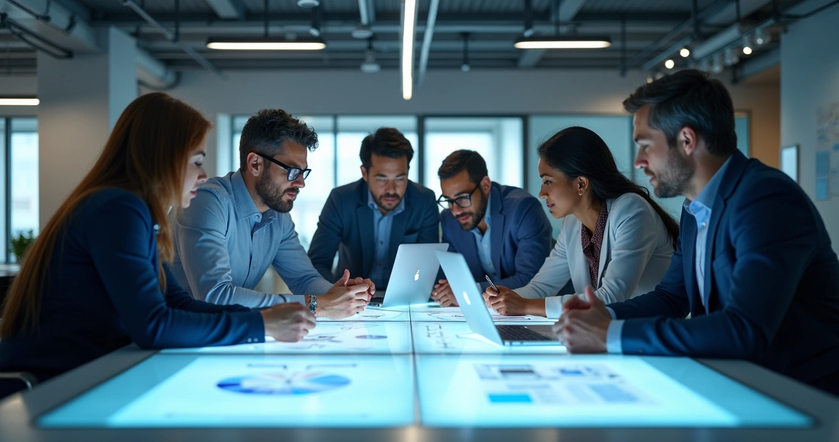 Equipo de oficina colaborando en torno a una mesa de trabajo