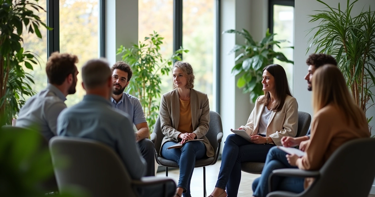 Equipo de oficina sentado en círculo en actitud atenta