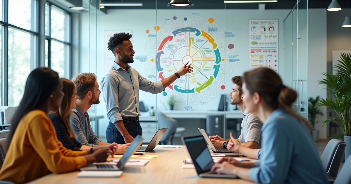 Equipo diverso en oficina moderna colaborando frente a un panel con diagramas de comunicación 