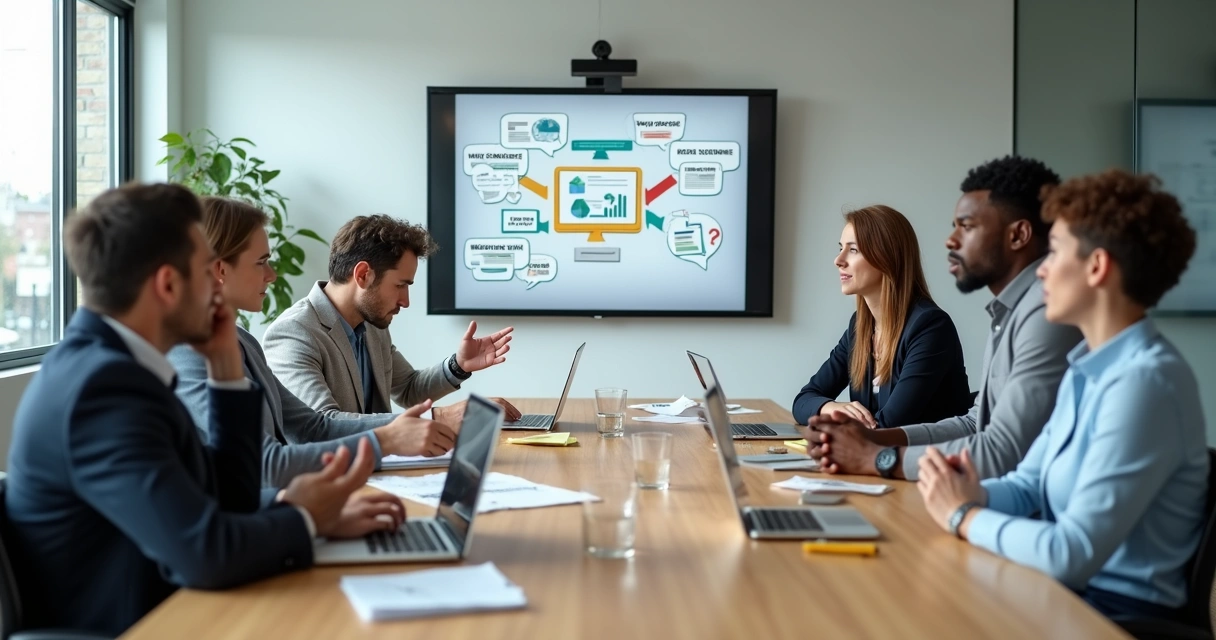 Equipo de trabajo en sala de reuniones con comunicación tensa 