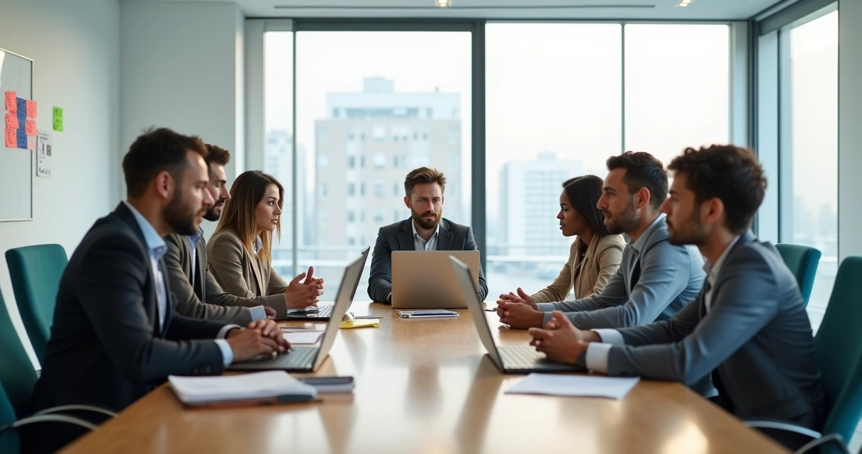 Equipo de oficina reunido alrededor de una mesa mostrando diferentes reacciones emocionales 