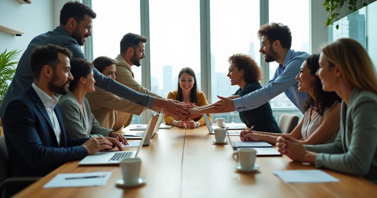 Equipo diverso en oficina moderna dando la mano alrededor de una mesa de trabajo 
