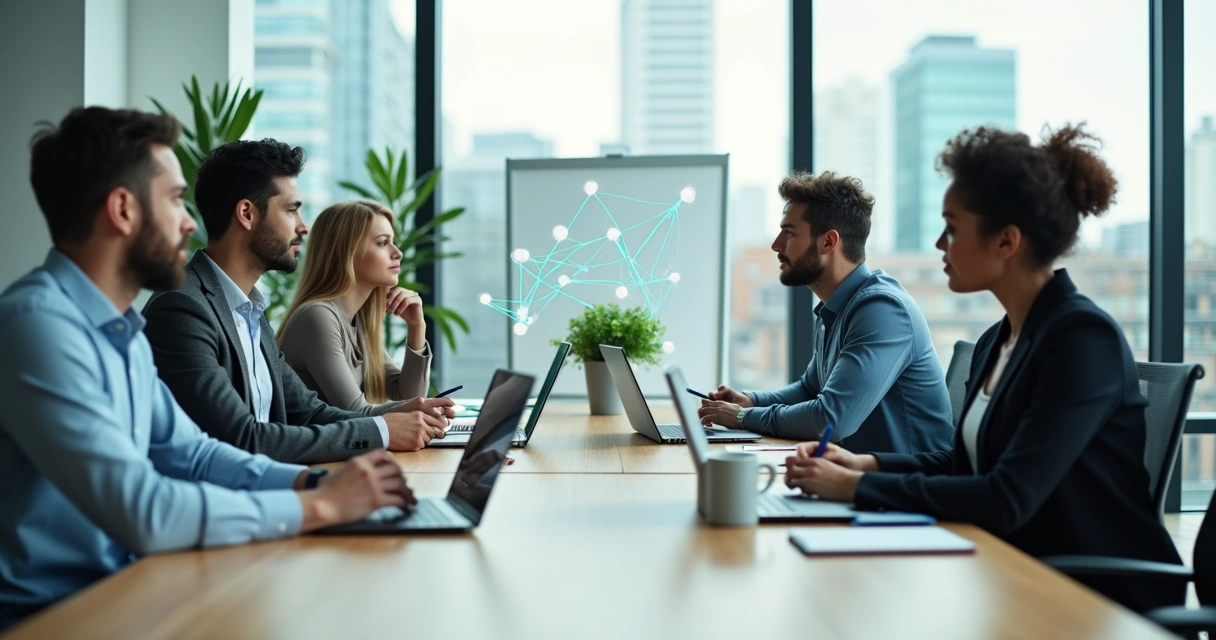 Equipo de trabajo en oficina conectado por líneas que simbolizan constelaciones sistémicas 