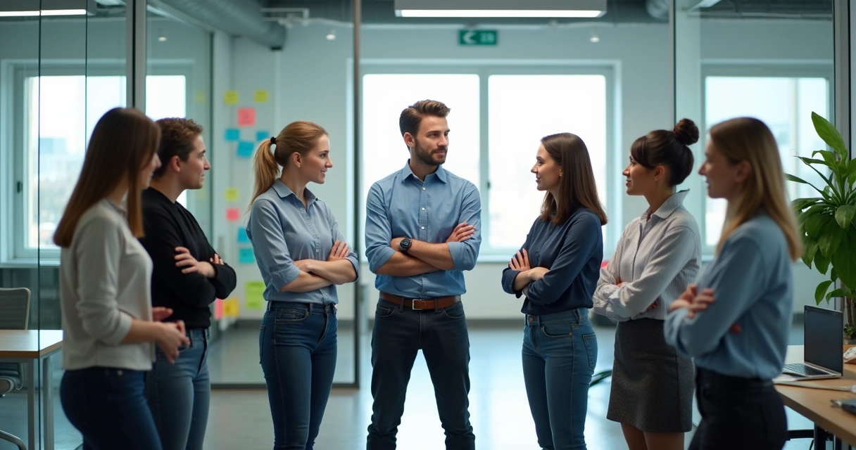 Equipo de trabajo en una oficina conversando de pie en círculo 