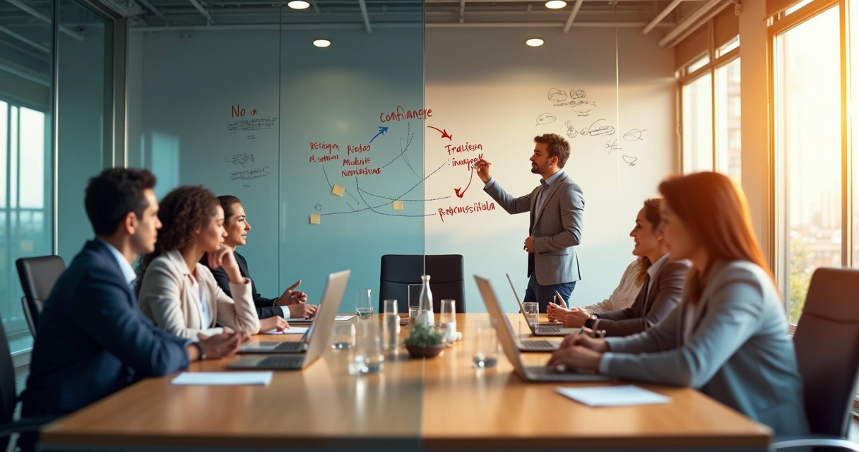 Equipo de oficina dividido entre mentalidad limitada y cultura empresarial positiva 