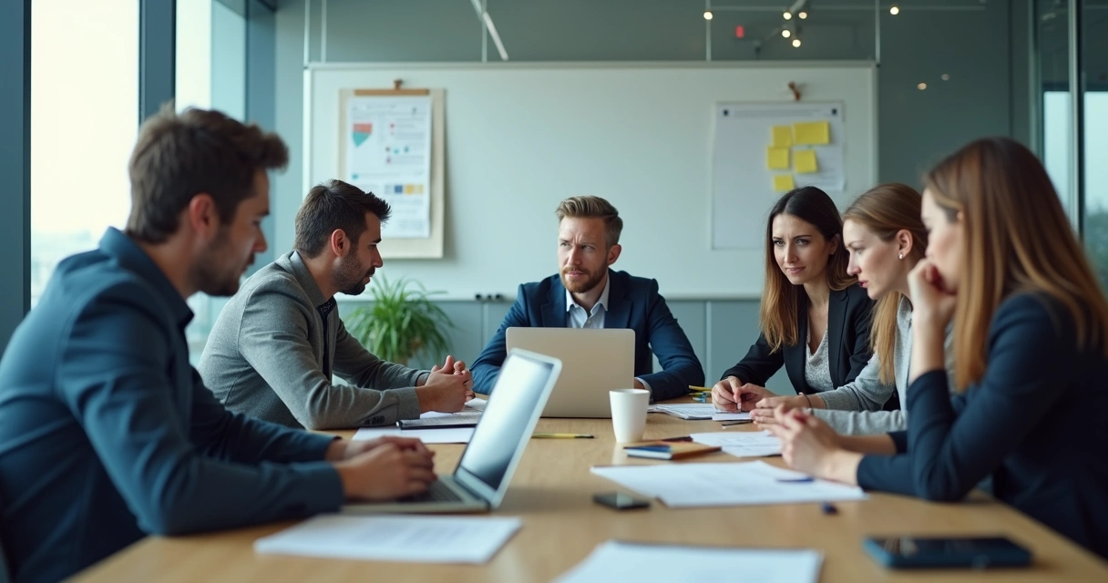 Equipo de oficina sentado en mesa de reunión con tensión y señales sutiles de conflicto 