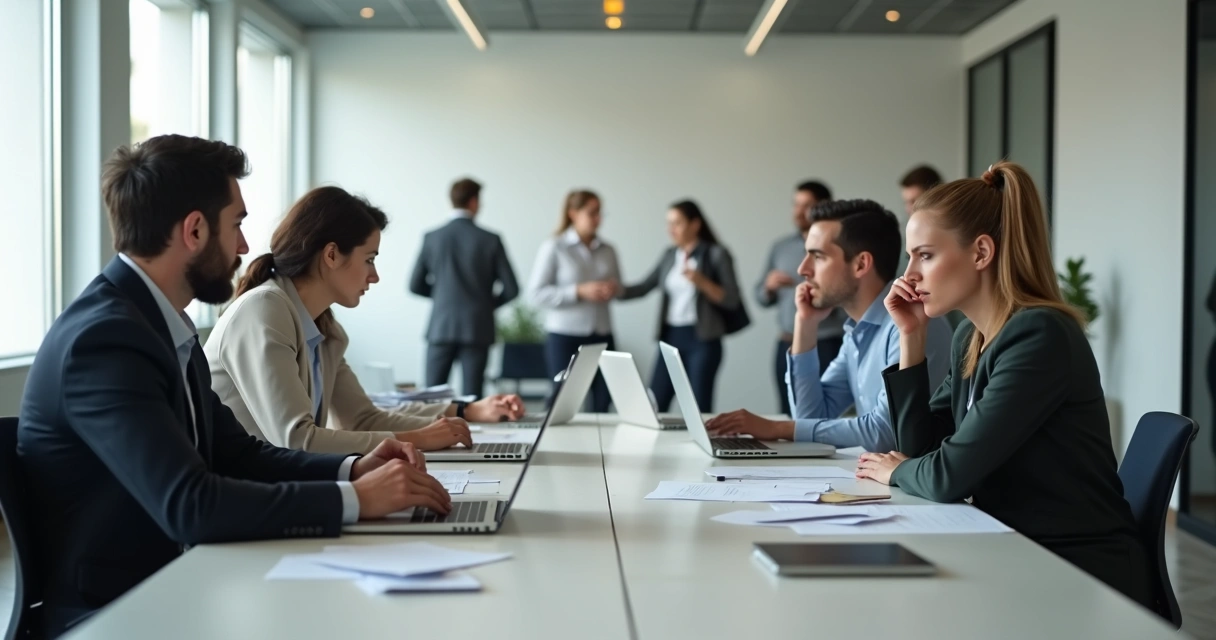 Equipo en oficina moderna con tensión y desconexión entre colegas 