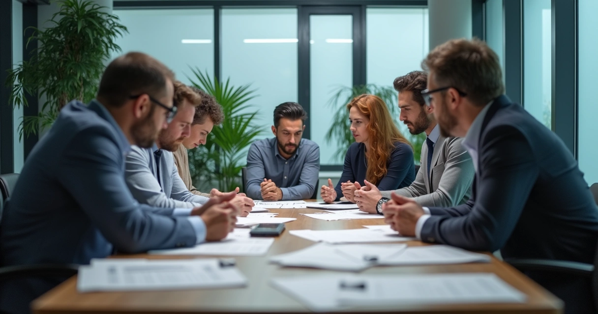 Grupo de colegas trabajando juntos en sala de reuniones, rostros de inconformidad 