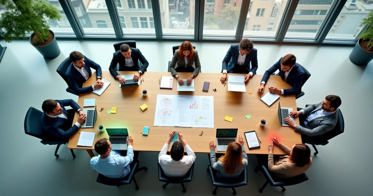 Equipo de oficina observado desde arriba con colores que representan emociones colectivas 