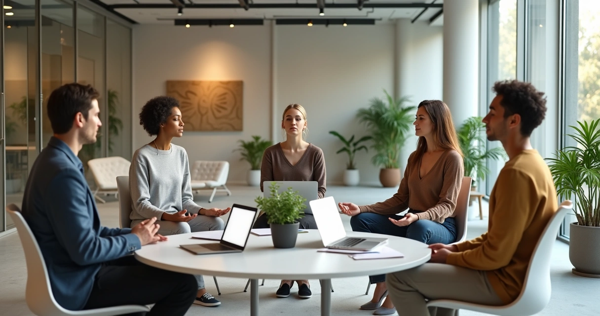 Equipo de trabajo en una oficina luminosa practicando una breve meditación conjunta 