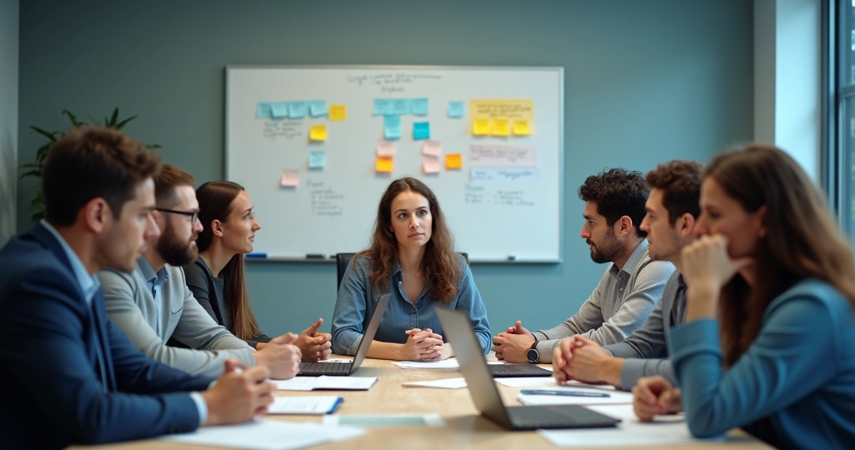 Grupo de personas en oficina con caras serias y expresión de tensión
