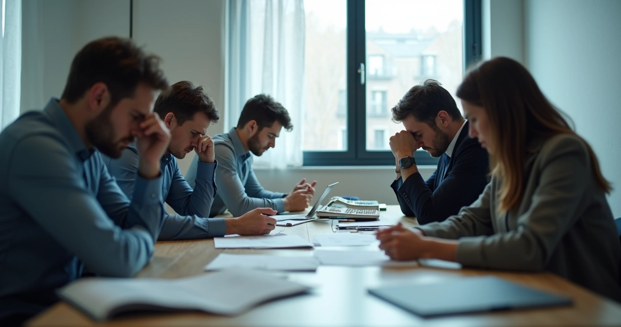 Equipo de oficina mostrando expresiones de estrés y tensión 