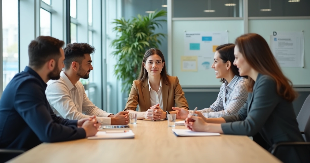 Equipo de oficina gestionando un conflicto con mediador en reunión 